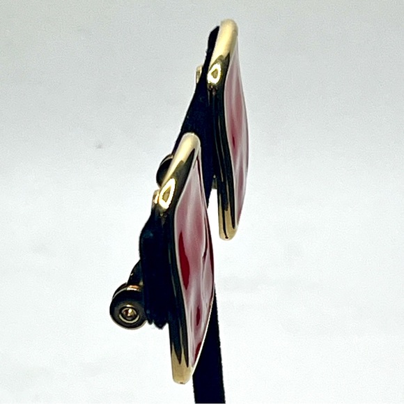 Vintage Monet Red Enamel Square Clip On Earrings Gold Tone - Picture 5 of 10